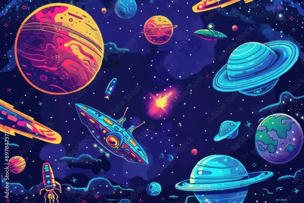 retro space arcade game interface pixelated planets ufos and spaceships against starry backdrop vibrant neon colors and 8bit graphics evoke nostalgia for 80s and 90s gaming aesthetics