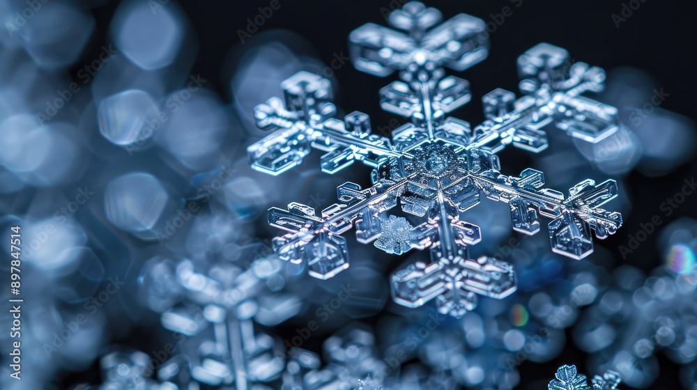 The delicate details of a snowflake on a dark surface, highlighting its unique structure
