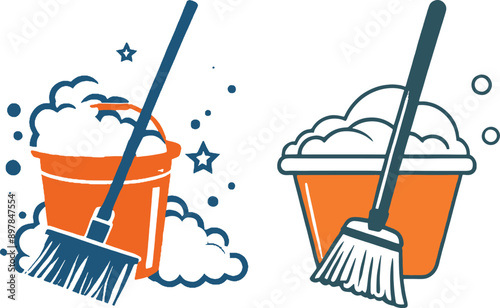 broom and bucket of soap set logo