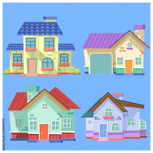 flat cartoon illustration vector 3 types of houses