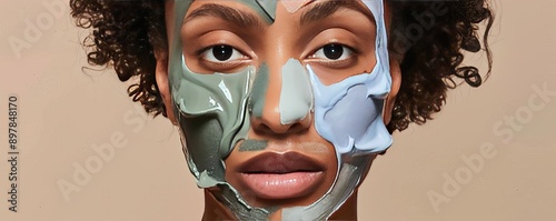 A closeup of different face masks applied to a models face in sections, showcasing a multimasking routine The background is neutral, emphasizing the variety of treatments photo