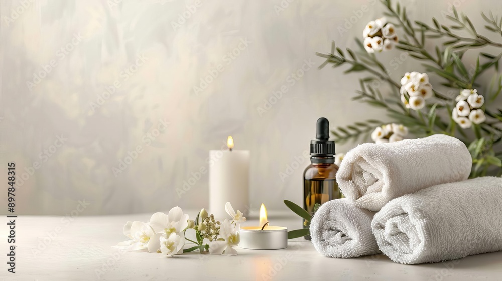 A spa scene with rolled towels, essential oils, and a candle, creating a serene atmosphere The background is light and tranquil, perfect for a relaxing skincare theme A spa scene with rolled towels, essential oils, and a candle, creating a serene atmosphere The background is light and tranquil, perfect for a relaxing skincare theme