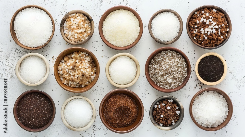 A variety of natural exfoliants like sugar, coffee grounds, and sea salt in small bowls The background is light, highlighting the textures and benefits of natural scrubs