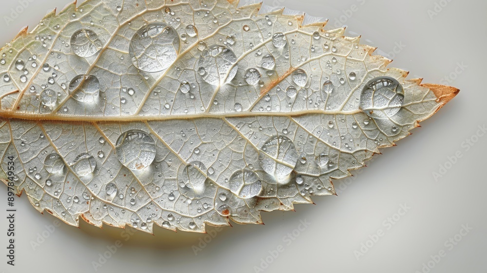 The detailed surface of a leaf with tiny water droplets