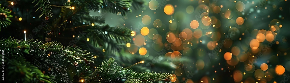 A forest scene with blurred evergreen branches and glowing lights A forest scene with blurred evergreen branches and glowing lights