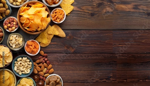 Top view of a collage mixing healthy snacks like fruit bowls and nuts with junk food like ch 
