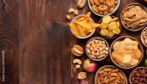 Top view of a collage mixing healthy snacks like fruit bowls and nuts with junk food like ch 
