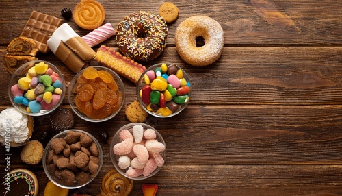  Top view of a selection of sugary snacks such as donuts, cupcakes, and candy bars, placed on 