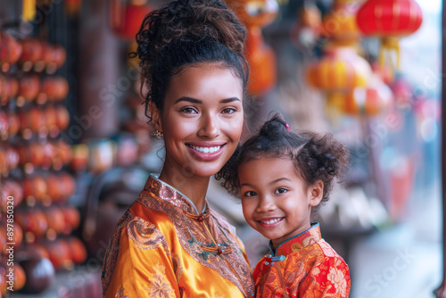 Afro mother and daughter in cheongsam enjoy the lunar new year celebration