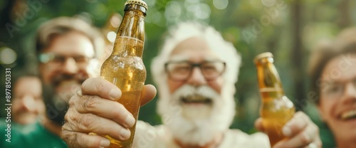 Diverse group of friends raising beer bottles in a forest glade photo