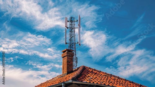 Telecommunication antenna on rooftop against sky