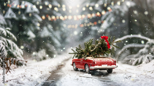 Convertible Transporting a Christmas Tree on a Winter Road – Festive Journey