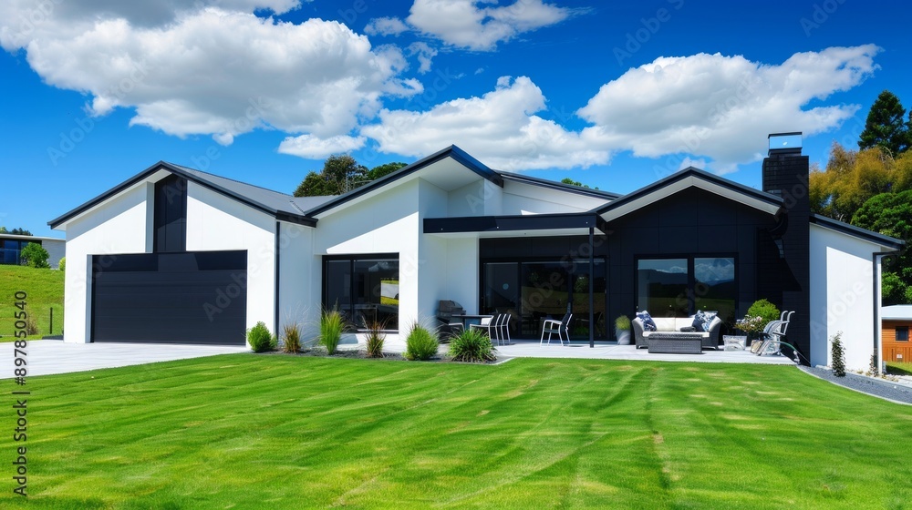 Suburban family house with concrete driveway, wide garage door on blue sky background. Suburban family house with concrete driveway, wide garage door on blue sky background.