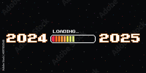 LOADING 2024 to 2025 .pixel art .8 bit. retro game. for game assets in vector illustrations. New Year concept.