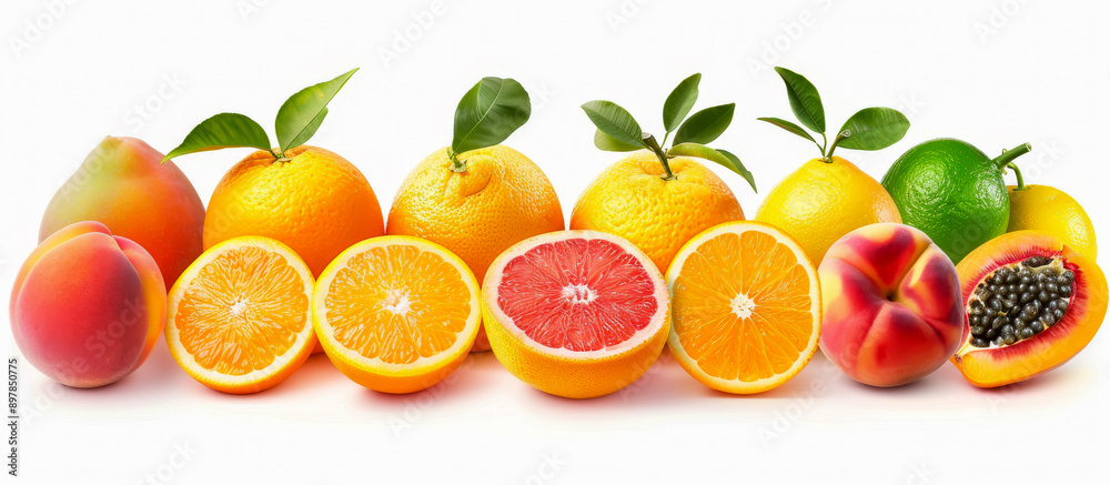 Variety of whole and halved citrus and stone fruits with leaves are lying in a row on a white background Variety of whole and halved citrus and stone fruits with leaves are lying in a row on a white background