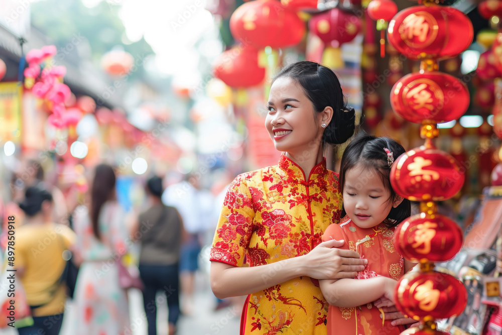 Fototapeta premium Indonesia mother and daughter in cheongsam enjoy the lunar new year celebration