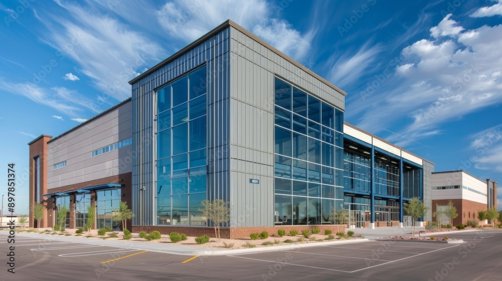 Modern building in aluminum siding and flat angled roofline and front windows. Modern building in aluminum siding and flat angled roofline and front windows.