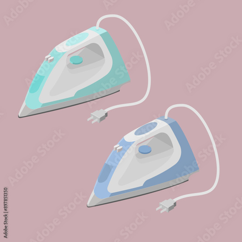 isometric vector illustration of 2 different colored irons 