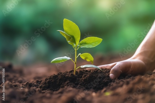 Hands holding or planting a seedling plant in soil. Plants for save earth or world environment day