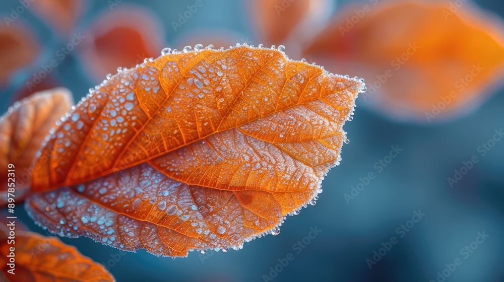The texture and veins of a winter frost-covered leaf