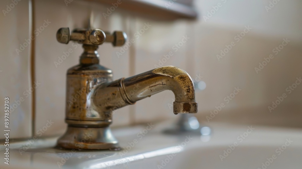 Dingy Bathroom Faucet Stained by Limestone and Hard Water Deposits, Impacting Cleanliness Dingy Bathroom Faucet Stained by Limestone and Hard Water Deposits, Impacting Cleanliness
