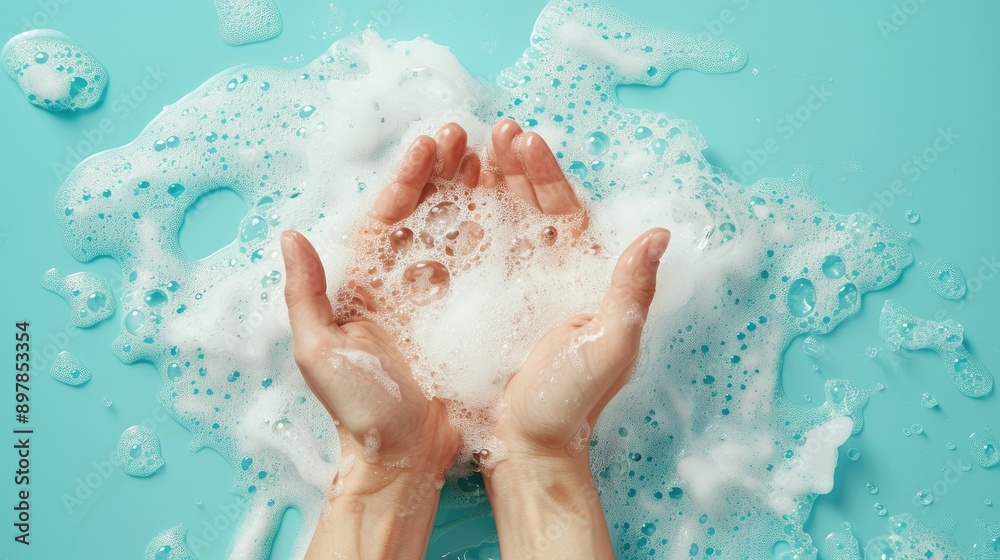 Fototapeta premium Hands with Soapy Bubbles on Turquoise Background - Hygiene and Cleanliness Concept