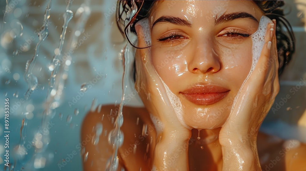 Close-Up of Woman Washing Face with Soap Under Shower Water - Fresh, Clean, Skincare Concept Close-Up of Woman Washing Face with Soap Under Shower Water - Fresh, Clean, Skincare Concept