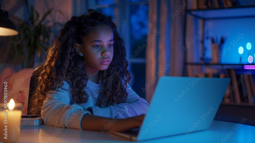 Teenager video conferencing with classmates on laptop taking part in distance learning classes Teenager video conferencing with classmates on laptop taking part in distance learning classes