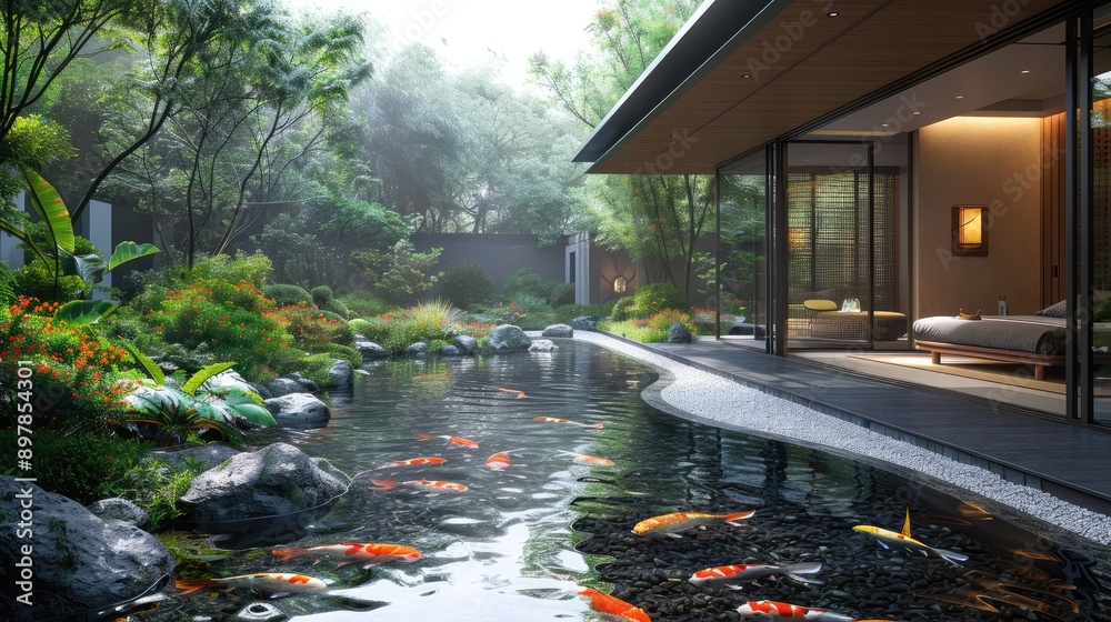 Tranquil Japanese garden with a koi pond