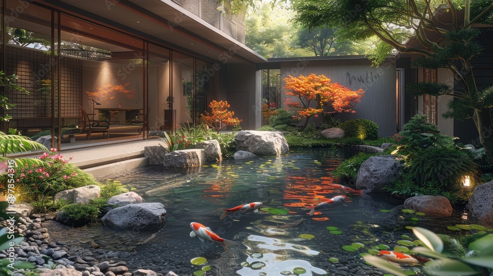 Tranquil Japanese garden with a koi pond