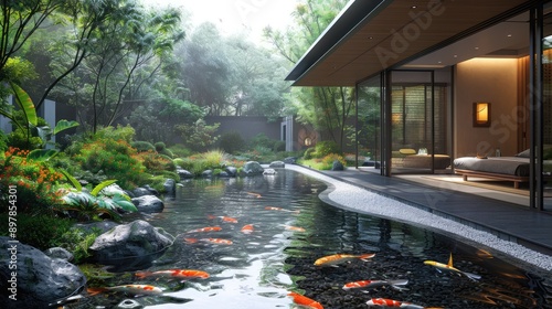 Obraz na płótnie Tranquil Japanese garden with a koi pond w salonie