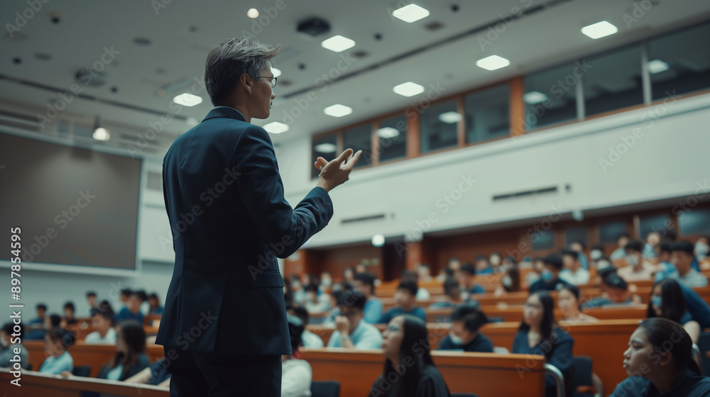 Campus lecturer in suit giving talk to university students in modern classroom, Audience in college lecture room, students learning and listening to the presentation as back to school concept Campus lecturer in suit giving talk to university students in modern classroom, Audience in college lecture room, students learning and listening to the presentation as back to school concept