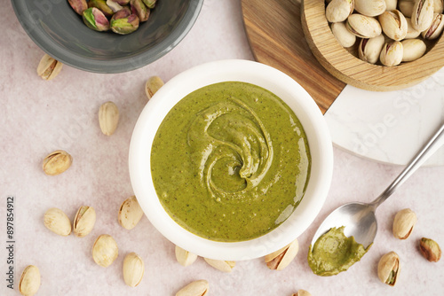 Bowl with tasty pistachio paste and spoon on pink grunge background