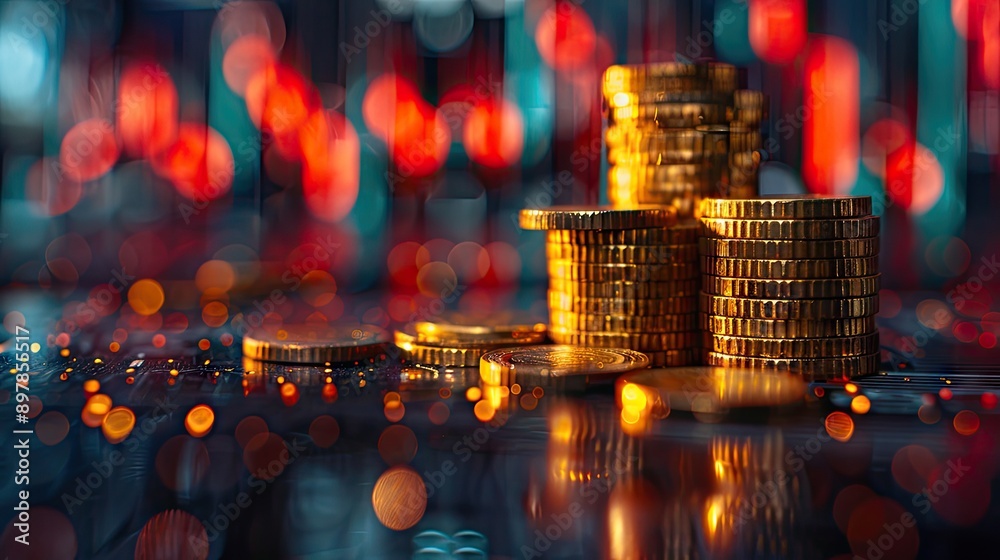 Economy and finance background with money coins , pen and stocks market graphs in blurry backdrop Economy and finance background with money coins , pen and stocks market graphs in blurry backdrop