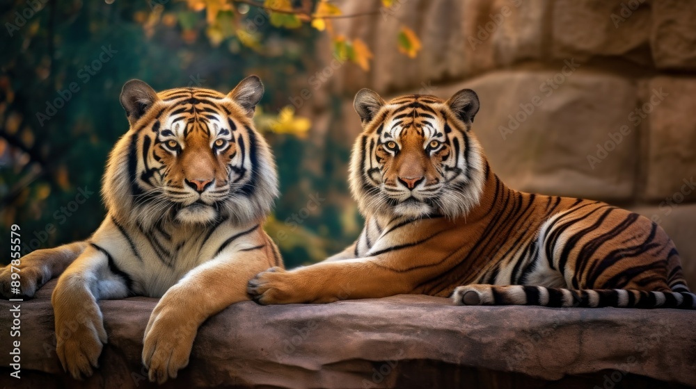 Fototapeta premium Two Tigers Resting on a Rock