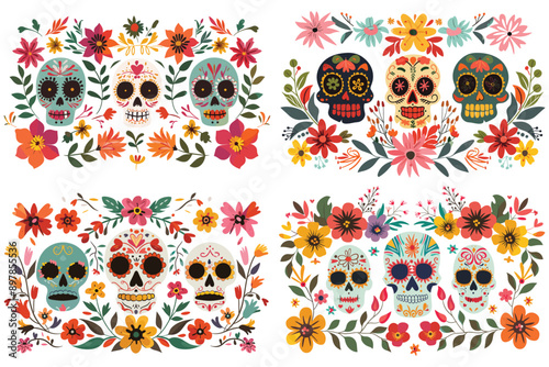 Day of the dead colorful design with floral background, Decorated skulls with colorful flowers, Skull surrounded by colorful flowers, Colorful skull with flowers surrounding, , Vector illustrations 