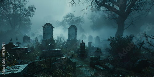 Foggy Graveyard: An Eerie and Mysterious Scene, Haunted Cemetery at Dusk: The Essence of Spooky Atmosphere