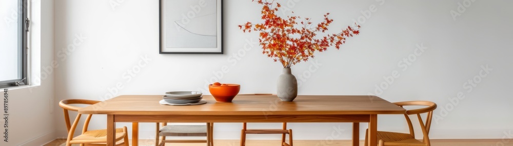 Minimalist dining room with a wooden table, a few chairs, and a single piece of modern art, creating a clean and inviting space, with copy space for text Minimalist dining room with a wooden table, a few chairs, and a single piece of modern art, creating a clean and inviting space, with copy space for text