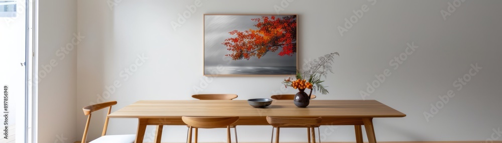 Minimalist dining room with a wooden table, a few chairs, and a single piece of modern art, creating a clean and inviting space, with copy space for text Minimalist dining room with a wooden table, a few chairs, and a single piece of modern art, creating a clean and inviting space, with copy space for text