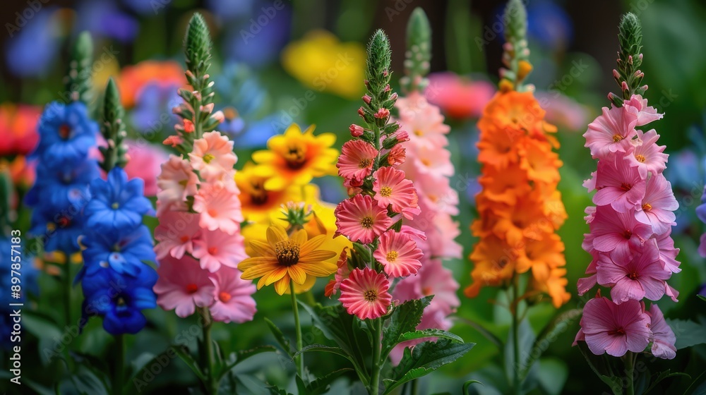 Blurry garden with colorful flowers