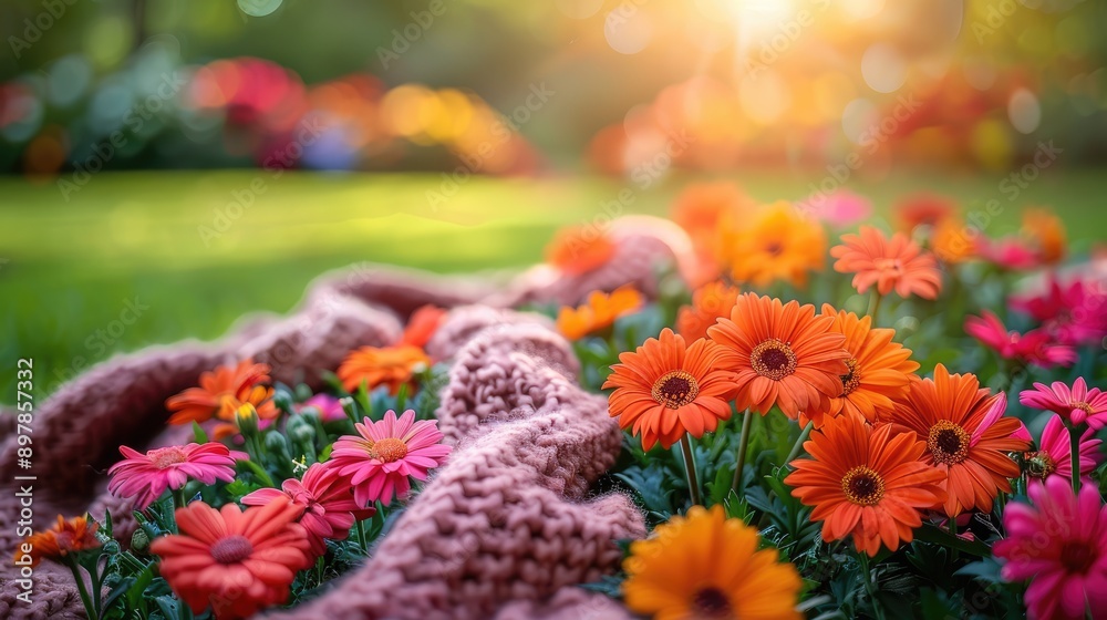 Blurry garden with colorful flowers