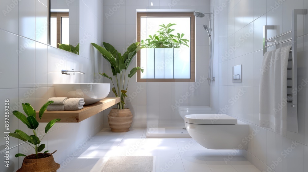 Simple bathroom with a walk-in shower, white tiles, and a single plant, showcasing a serene and clutter-free space, with copy space for text