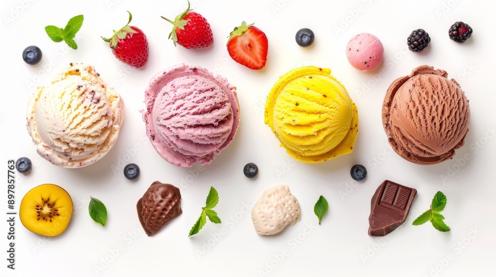 Set of five various ice cream scoops or balls with ingredients isolated on white background. Top view. Strawberry, vanilla, mango, chocolate and blueberry flavor Set of five various ice cream scoops or balls with ingredients isolated on white background. Top view. Strawberry, vanilla, mango, chocolate and blueberry flavor