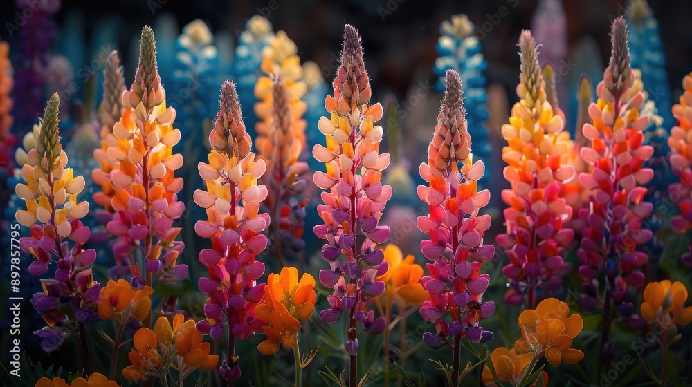 Blurry garden with colorful flowers