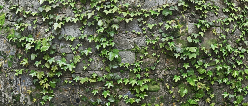 Fototapeta premium Panoramic close-up, high detail scan of rustic ivy-covered wall texture, Generative AI