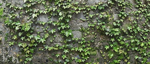 Panoramic close-up, high detail scan of rustic ivy-covered wall texture, Generative AI photo