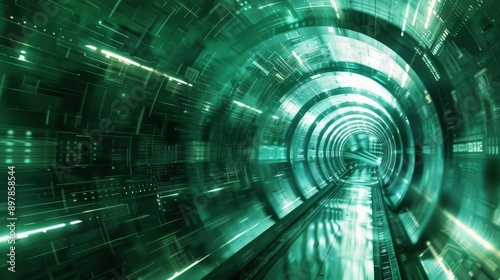 Futuristic green digital tunnel with glowing lights and technological patterns, representing data transfer and sci-fi concepts.