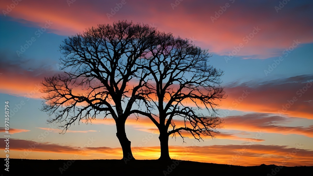 A serene silhouette of a lone tree against a colorful sunset sky A serene silhouette of a lone tree against a colorful sunset sky