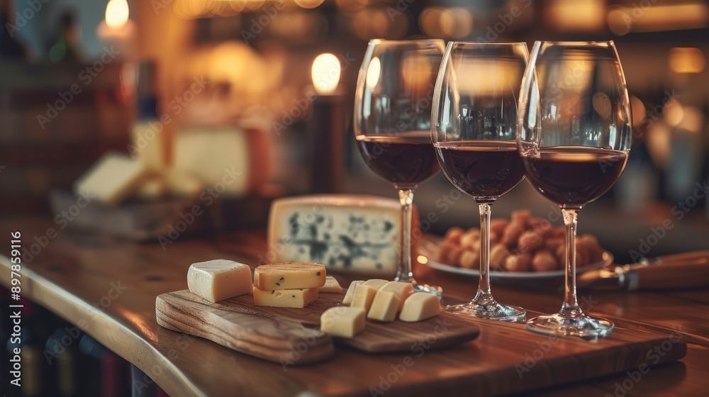 Three glasses of red wine with cheese on wooden table Three glasses of red wine with cheese on wooden table