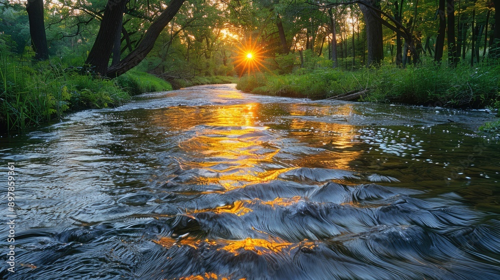Calm river with evening reflections
